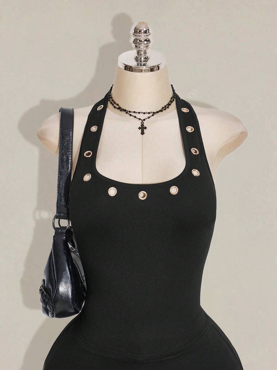 SHEIN ICON 加大码 Y2K 黑色吊带露背针织吊带衫，金属孔眼装饰 - 黑色 - 查看 1