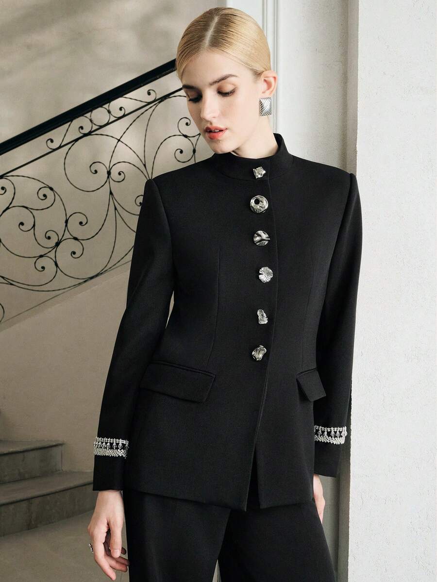 Anewsta بدلة نسائية مكونة من: بليزر نسائي طويل الأكمام مزين بأشرطة الكشكشة والرينستون والمشبك المعدني غير متماثل، مع بنطال نسائي عالي الخصر مطوي، مجموعة بدلة نسائية عصرية فاخرة - الأسود - مشاهدة 1