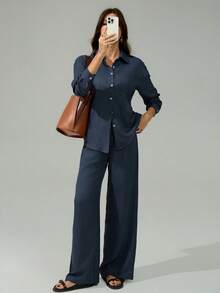 SHEIN Tall Two-Piece Women's Autumn/Winter Suit, Casual Loungewear Suit, Beach Vacation Suit - Trousers + Long-Sleeved Shirt, Elegant Suit, Music Festival Suit, Elegant Party Business Casual Suit, Tall Elegant Women's Suit, Thanksgiving Women's Suit, Dark Blue, Linen Texture, High-End, Old-Money Style, Slimming. - Blue - View 7