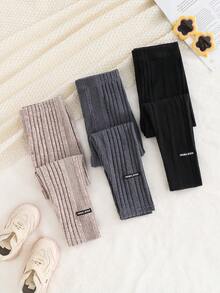 SHEIN 3条装女童基础款休闲纯色针织罗纹裤脚打底裤，提花日常舒适打底裤，适合秋冬季穿着 - 淺粉色 - 查看 1