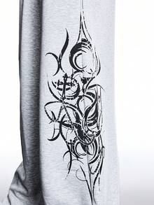 LYSMO Women's Printed Elastic Waist Pockets Wide Leg Loose Casual Sweatpants - Grey - View 4