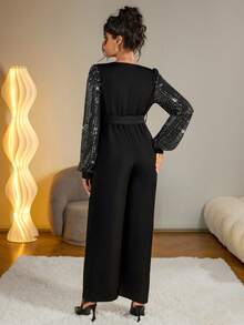 Momance 亮片网纱孕妇连体裤，长袖，V领，后背拉链，松紧腰，蝴蝶结腰带，阔腿 - 黑色 - 查看 2