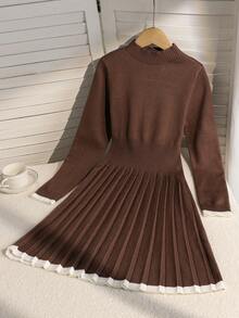 Tween Girl Brown Checkered Autumn Vintage Family Matching Back-To-School Long Sleeve Pleated Knit Dress,Minimalist High-End Modest Contrast Hem Cuffs - Brown - View 3