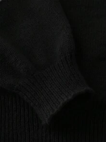 SHEIN Genkimix Kids 女童时尚休闲清新短款纯色连帽针织开衫，秋冬 - 黑色 - 查看 4