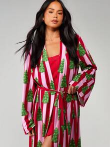 MISSGUIDED Festive Christmas Tree Striped Robe With Long Sleeves Holiday Lounge Dressing Gown - Multicolor - View 3