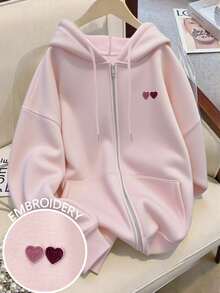 Franclia 女士落肩长袖抽绳连帽卫衣，饰有心形刺绣 - 粉色 - 查看 1