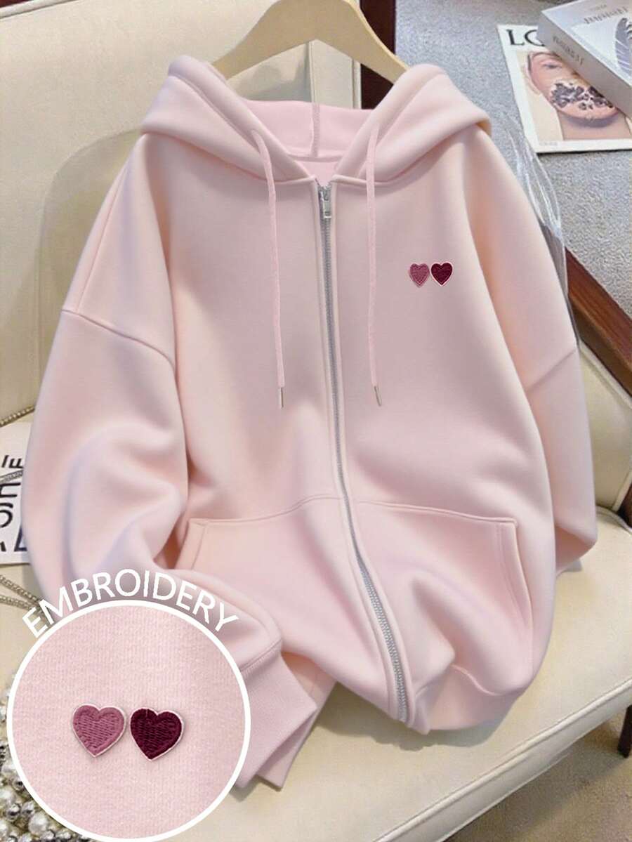 Franclia 女士落肩长袖抽绳连帽卫衣，饰有心形刺绣 - 粉色 - 查看 1