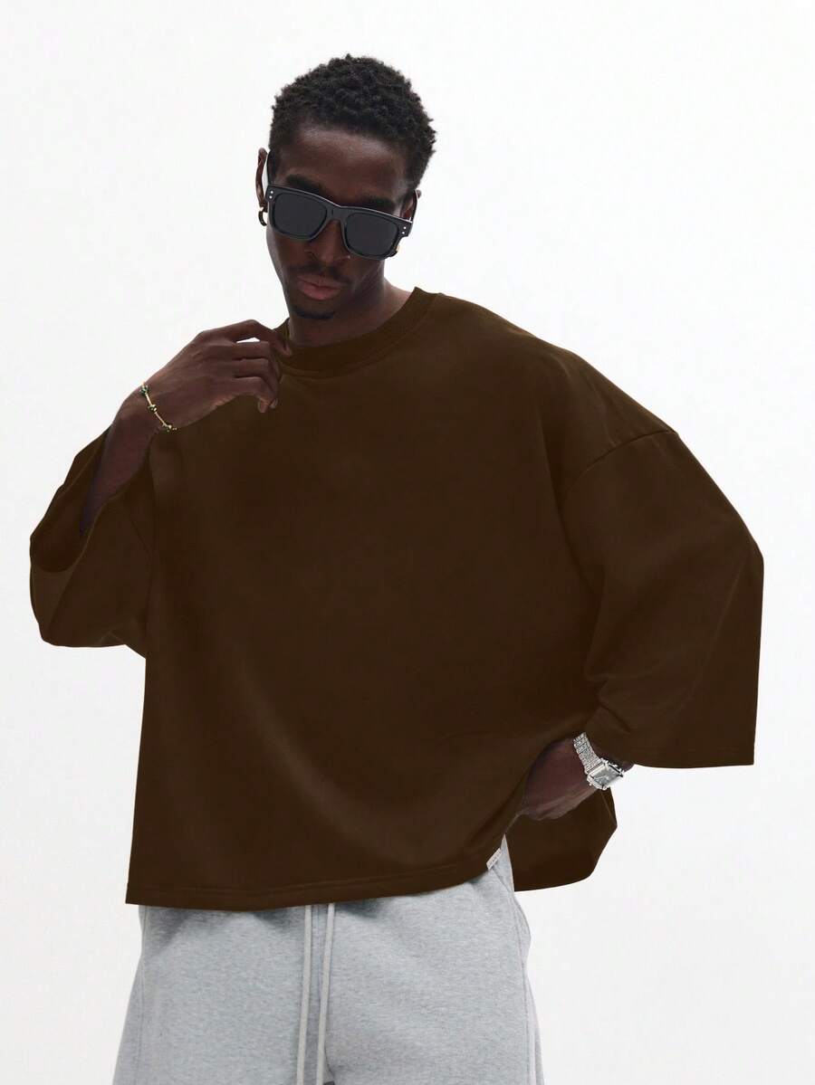 SUMWON Men's Oversized Long Sleeve Crew Neck Sweatshirt Casual Pullover Top Fall Winter Comfort Wear Plain - Coffee Brown - View 1