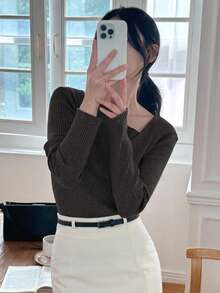 DAZY Women's Oblique Shoulder Scoop Neck Fitted Long Sleeve Soft Sweater - Dark Grey - View 3