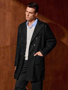 Officeau 男士黑色双排扣羊毛大衣，INS风格，适合秋冬季休闲、商务、通勤等场合，尽显老钱风范。 - 黑色 - 查看 7