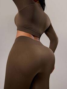 Rhythm Era Ensemble Top à manches longues sans couture et leggings taille haute pour femmes grande taille - Vert olive - Voir 3