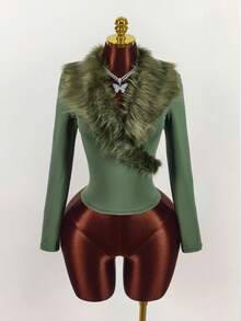 Amplova Áo thun tay dài bó sát cổ lông giả vá thời trang Y2K dành cho nữ - xanh quân đội - Xem 2