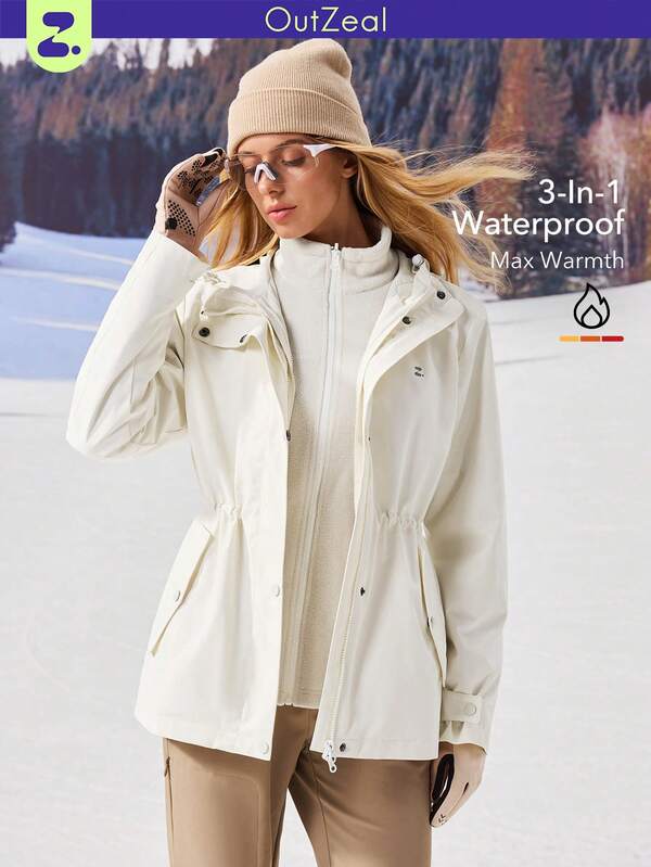 OutZeal Women 2‑In‑1 Waterproof Jacket Warm Fleece Lined Drawstring Waist Zip Pocket Outdoor Shell Jacket Hiking Camping Fall Winter