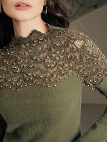 Anewsta Áo thun nữ tay dài cổ tròn ren ôm dáng thanh lịch, thích hợp cho mùa thu, đông, xuân, năm mới, tiệc tùng, đám cưới, sang trọng, sành điệu, trang trọng, công sở, lễ tạ ơn, tốt nghiệp, giáng sinh, lễ hội - màu xanh lá - Xem 3