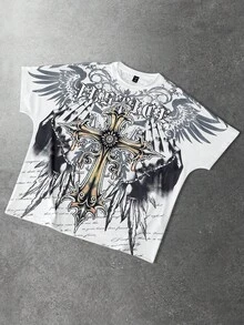 ROMWE MEN 男士字母十字印花圆领短袖休闲T恤 - 白色 - 查看 2