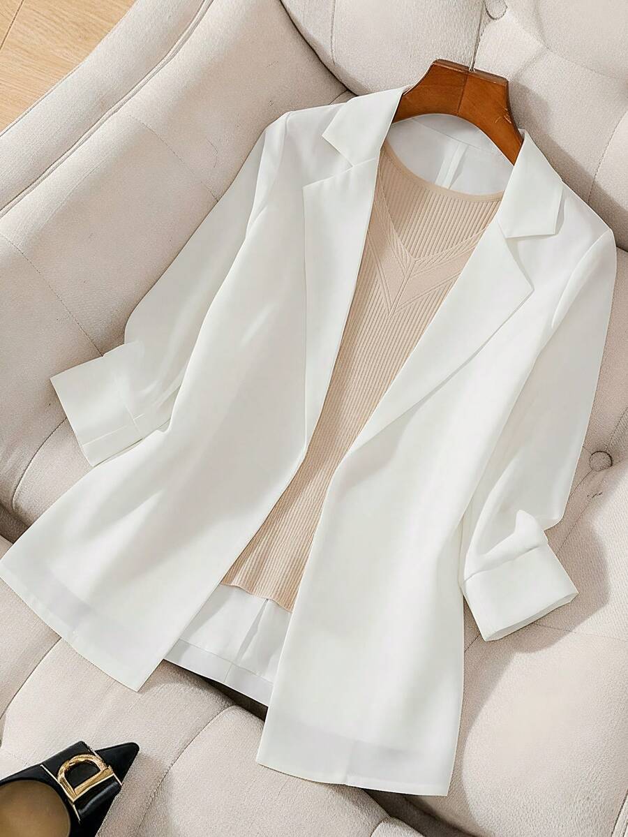 SHEIN Franclia Women's Minimalist White Thick Chiffon 3/4 Sleeve Blazer, Autumn