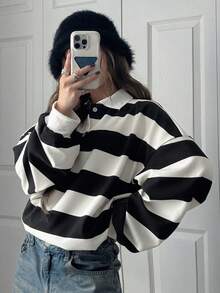 FRIFUL 女士休闲宽松 Polo 领落肩长袖条纹 T 恤 - 黑與白 - 查看 5