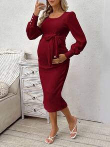 Cheriluna Maternity Váy len bà bầu, váy dài tay màu trơn, vải co giãn, thu/đông - Màu Đỏ Sâu - Xem 5