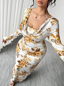 Elenzga Vestido corto ajustado con cuello de volantes para mujer talla grande, con estampado floral diminuto, cintura con lazo y bajo con volantes - Marrón - Ver 5