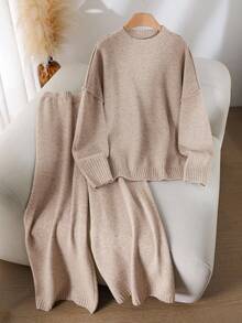 CosyJoli Plus Size Solid Color Long Sleeve Top And Skirt 2-Piece Sweater Set/Winter - Khaki - View 1