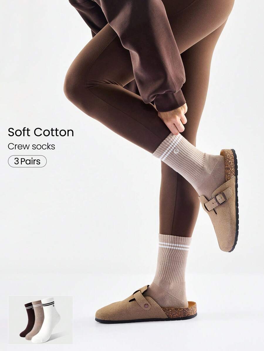 GLOWMODE 3 Pairs Cotton Vintage Striped Socks Soft Ventilated Mesh With Jacquard Logo Workout Daily Casual Spring Summer - White + khaki + dark brown - View 1