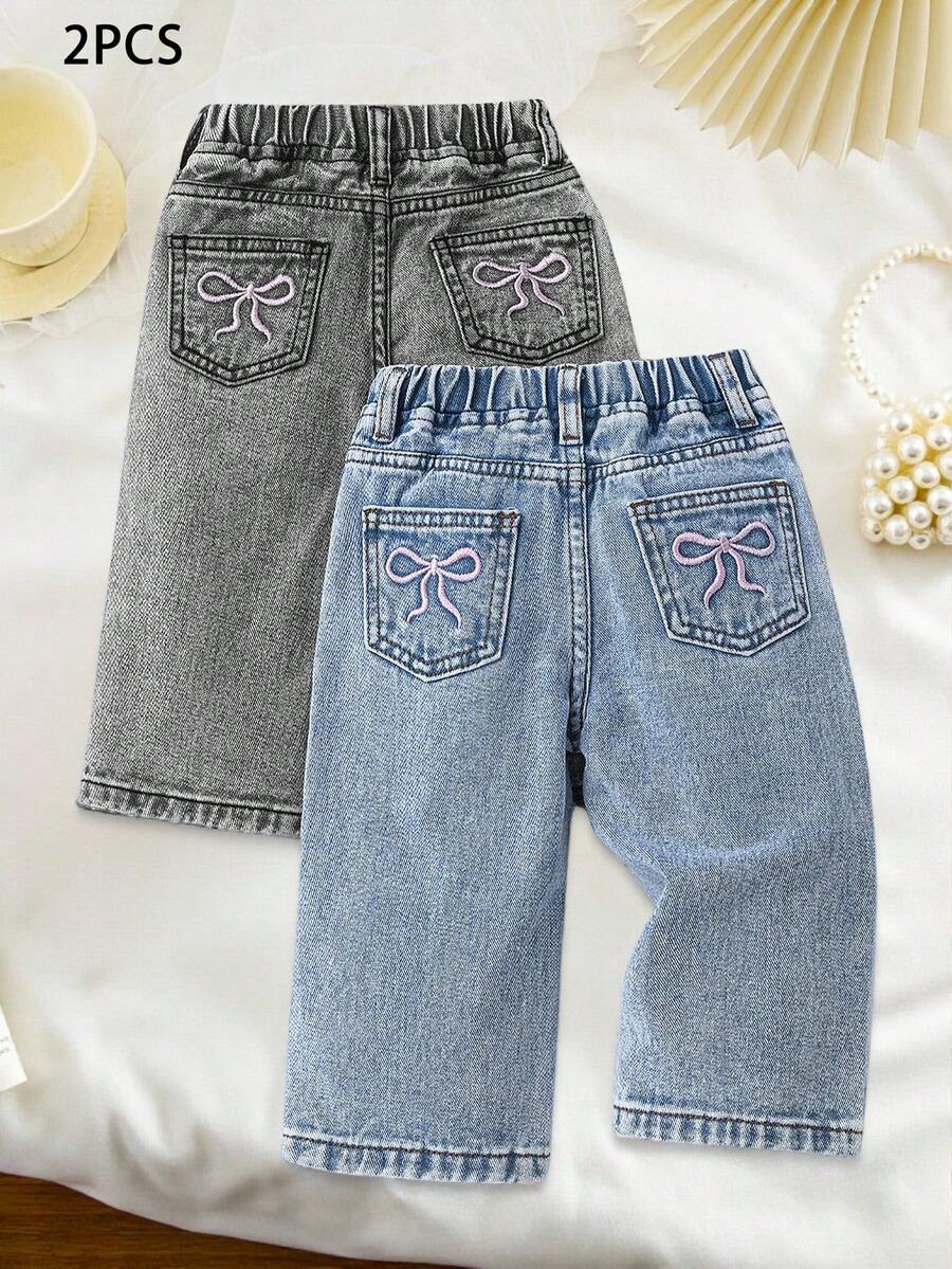 SHEIN Quần jeans denim đơn giản cho bé gái, túi thêu hình bướm, cạp chun, màu xanh đa năng + đen đã giặt, chất liệu denim mềm mại, thoải mái, thời trang không thể thiếu - Nhiều màu - Xem 1