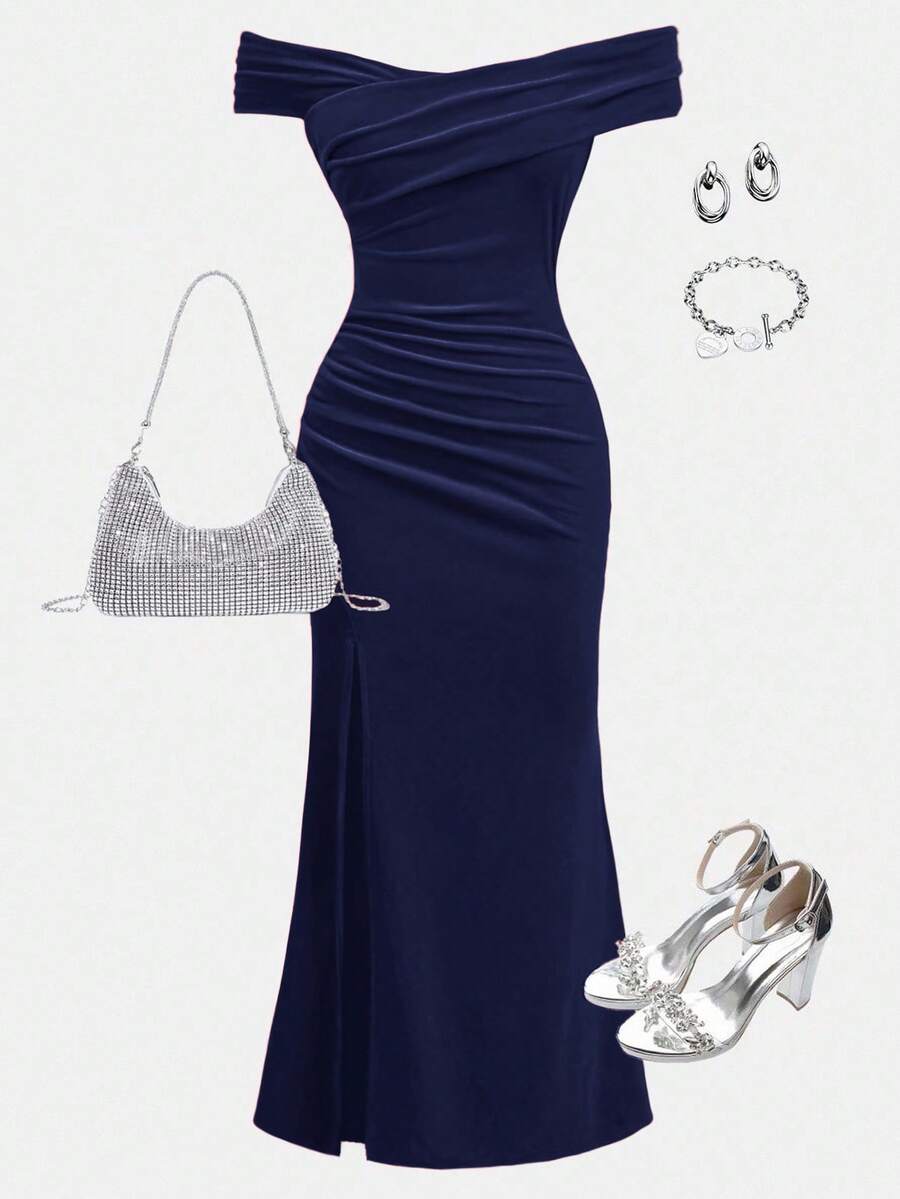 Girlism Teen Girls Party Wear Off-Shoulder Ruched Elegant Crossover Fishtail Hem Dress - Navy Blue - View 1