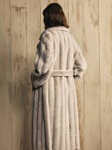 Arave Manteau long en tissu duveteux bleu sarcelle clair pour femmes, coupe ample, grand col à revers, design avec ceinture, élégant, col moelleux, veste de mode moderne pour rendez-vous, fête de vacances - Gris pâle - Voir 3