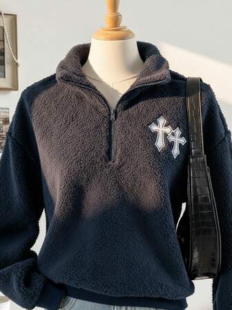 Sweetra Young Tween Girl Cross Embroidery Zipper Half-Zip Raglan Long Sleeve Casual Sweatshirt, Autumn/Winter