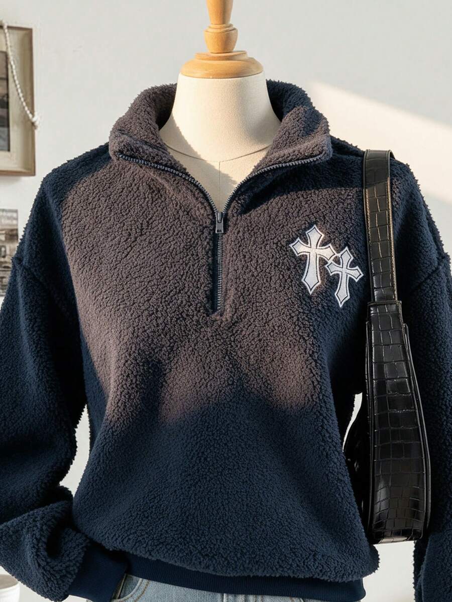 Sweetra Young Tween Girl Cross Embroidery Zipper Half-Zip Raglan Long Sleeve Casual Sweatshirt, Autumn/Winter - Navy Blue - View 1