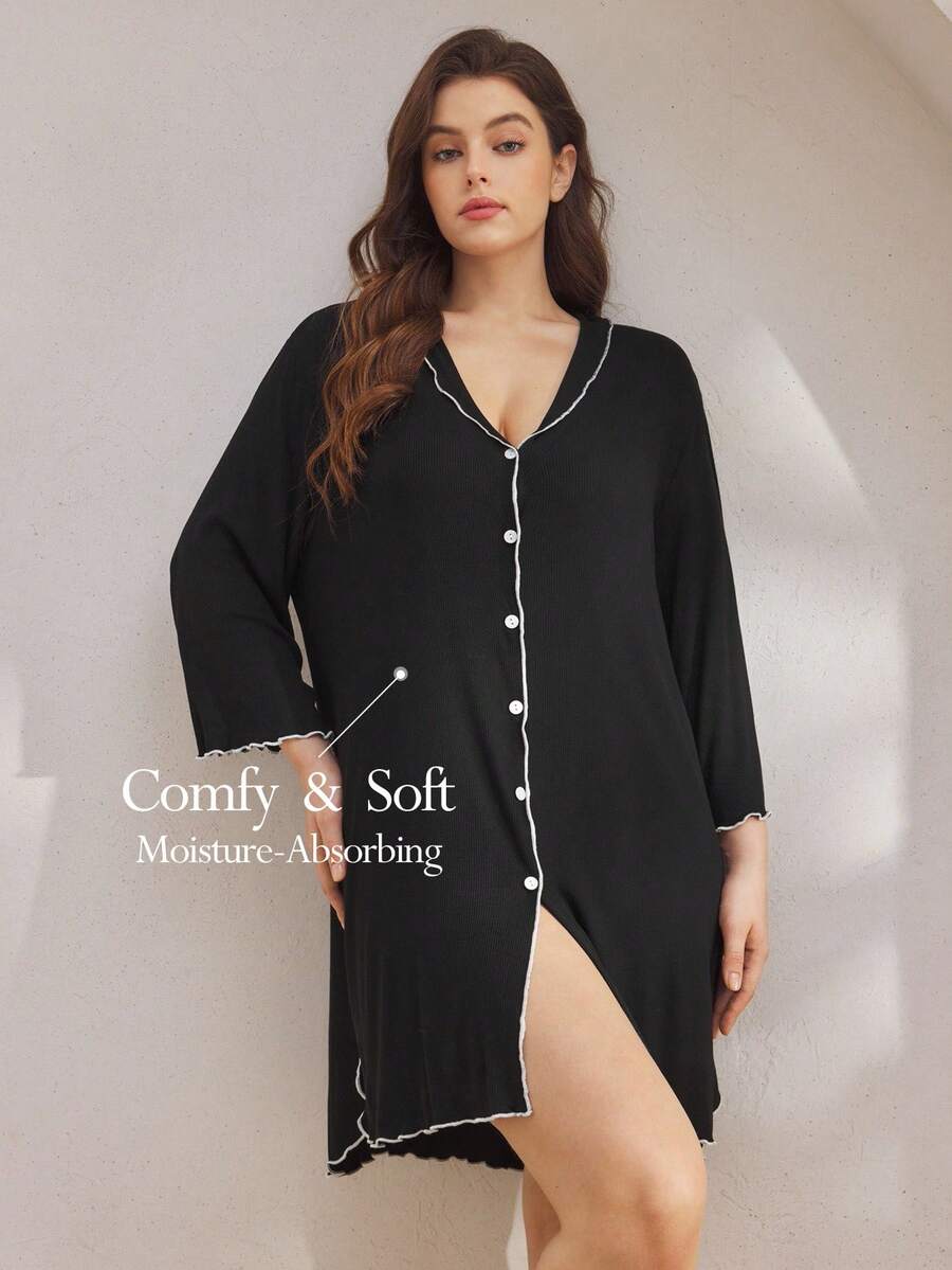 Ocili Plus Size Ribbed Comfortable Ruffle Collar Shell Button Nightgown, Cozy Outfit, Fall & Winter - Black - View 1