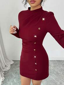 Modelyn Women's Autumn Burgundy Long Sleeve Pleated Metal Button Waist Fitted Elegant Dress - Burgundy - View 1