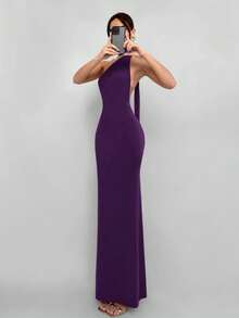 Aloruh Women's Solid Red Backless Halter Dress, Suitable For Date, Christmas Party, Evening Event - Purple - View 3