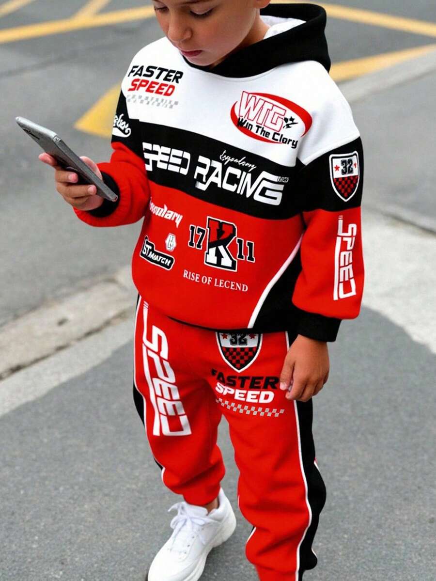 SHEIN 2pcs Tween Boy Casual Stylish Racing Sports Graphic Print Hoodie Sweatshirt And Pants Set, Racing Driver Decor Print, Cool Text Print, Classic Checkered Flag Print, Comfortable For Autumn/Winter