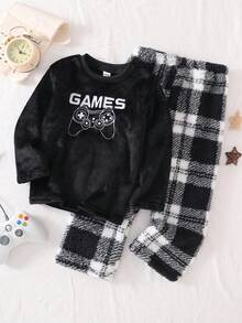 Genkimix Kids 男童黑色格子电子游戏图案长袖上衣和裤子羊毛套装 - 黑色 - 查看 1