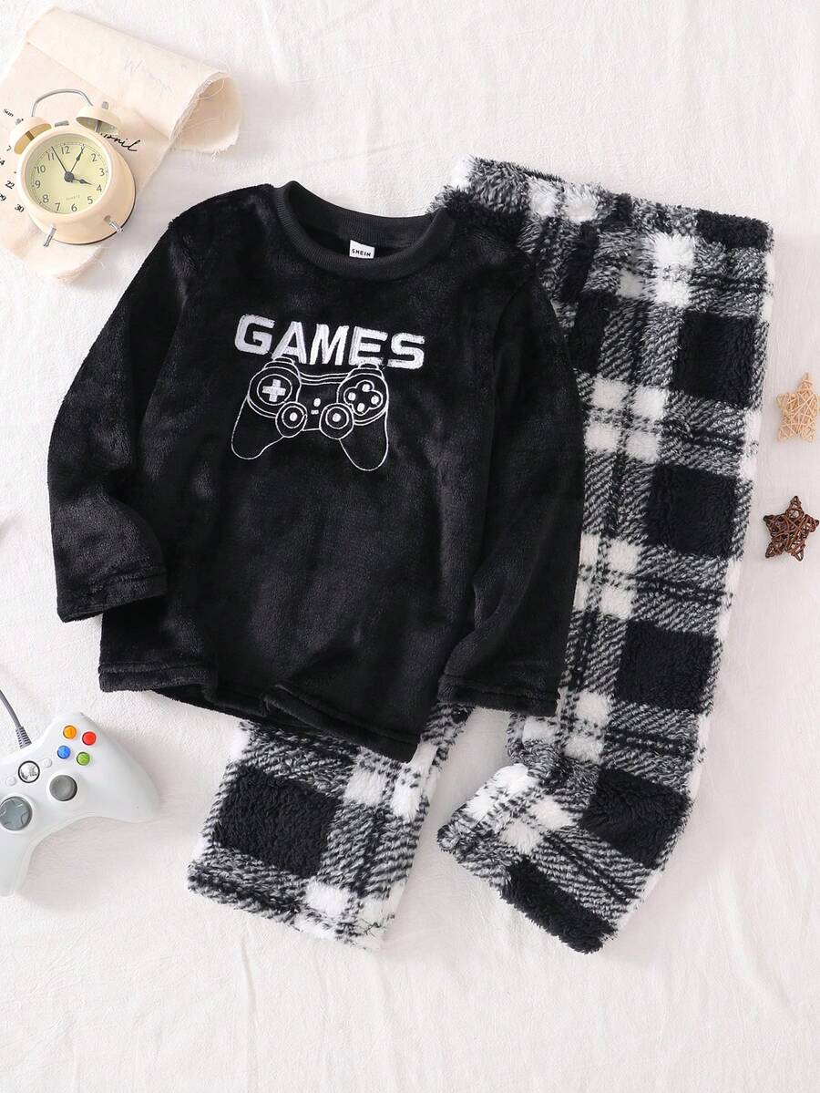 Genkimix Kids 男童黑色格子电子游戏图案长袖上衣和裤子羊毛套装 - 黑色 - 查看 1