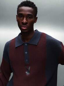 PLAYBOY X SUMWON 男士长袖针织 Polo 衫，撞色领和条纹图案，适合秋冬季商务休闲穿着