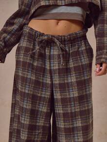 MUSERA Pantalon large à cordon de serrage en laine brossée à carreaux. Streetwear à la mode, idéal pour les sorties, le décontracté et le quotidien. Nouveau style rétro pour l'été - Marron - Voir 5