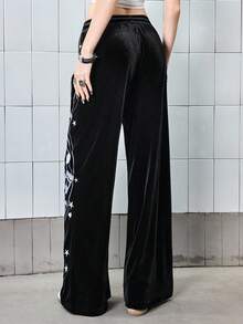 ROMWE Avant Millennium Diva Ultra Low Waist Wide Leg Musical Note Embroidered Velvet Women Sweatpants