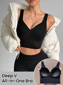 Dewbera 女士无缝黑色罗纹不可拆卸衬垫运动文胸，长款，适合秋冬季穿着 - 黑色 - 查看 3