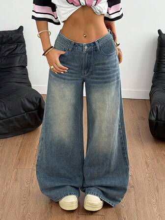 SHEIN PETITE CURVE Plus Size Summer Fall Clothes Autumn Clothes Back To School Homecoming Cute 2000s Style Kawaii Y2k Airport Outfit For Women Modest Old Money Tulum Grunge Korean Style Washed Wide Leg Brown Jeans Baggy Jeans Wide Leg Pants Woman