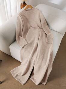 CosyJoli Plus Size Solid Color Long Sleeve Top And Skirt 2-Piece Sweater Set/Winter - Khaki - View 5