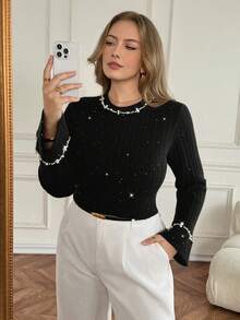 Vionelle Áo cánh dài tay ôm vừa vặn màu trơn sequin cho nữ, lớp lót thanh lịch cổ điển lãng mạn của Pháp, áo len dệt kim đính hạt sang trọng, áo len chui đầu cỡ lớn - màu đen - Xem 1