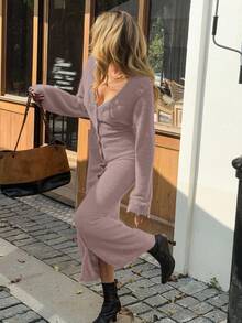 Livesso 女式V领灯笼袖长款针织毛衣裙，秋季 - 粉色 - 查看 2