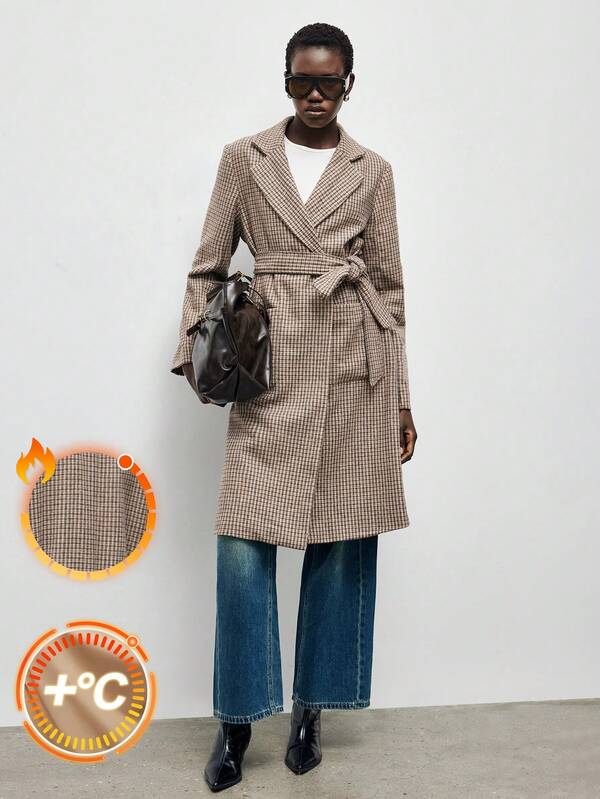 Maija Jaqueta leve feminina com estampa pied-de-poule e cinto, manga comprida, outono/inverno