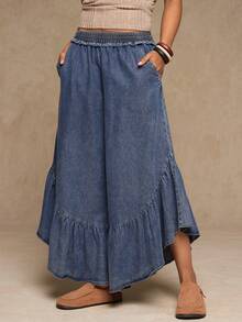 Freevana Pantalon ample casual avec taille élastique, poches et volants à l'ourlet pour femmes grandes tailles. Jeans casual avec volants bohème pour femmes, style occidental - Bleu ciel - Voir 1