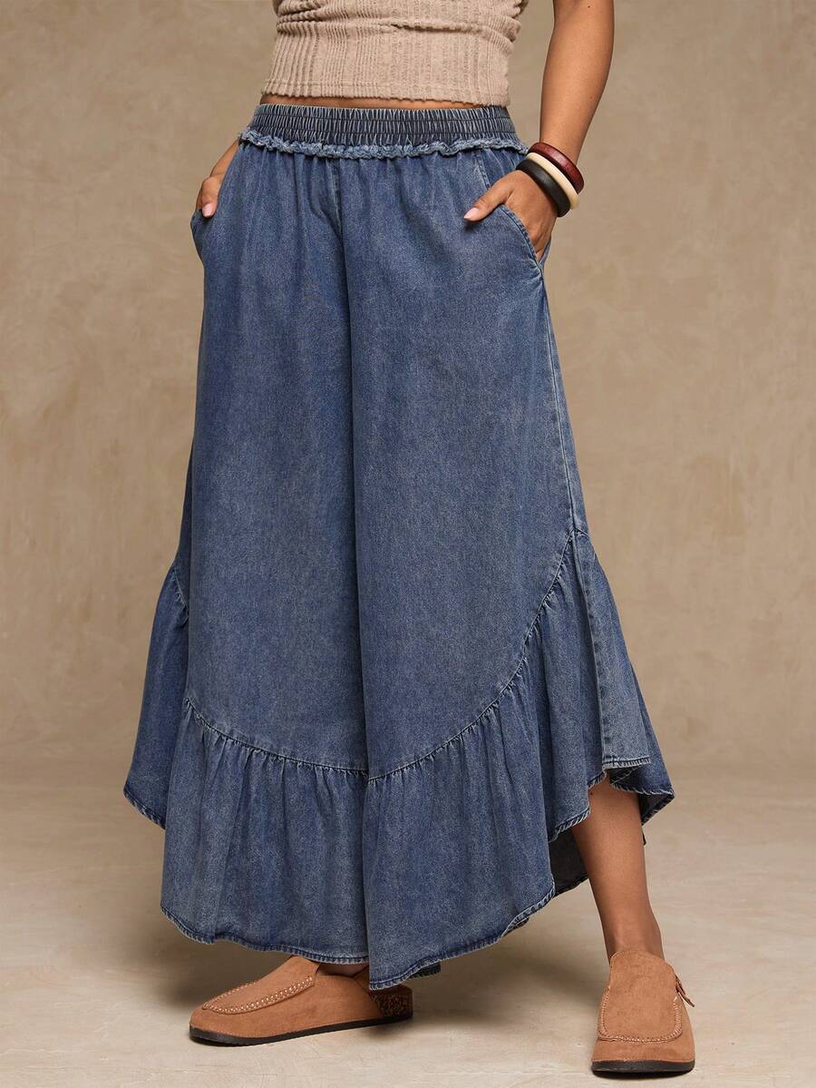 Freevana Pantalon ample casual avec taille élastique, poches et volants à l'ourlet pour femmes grandes tailles. Jeans casual avec volants bohème pour femmes, style occidental - Bleu ciel - Voir 1