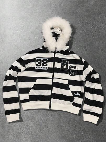 Street Life Sudadera con cuello de peluche y rayas para hombre, corte holgado