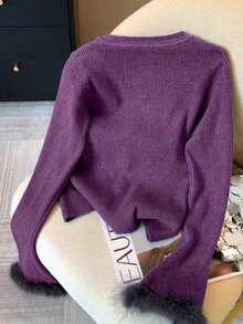 Resyla Damen Strickjacke in Große Größen mit Patchwork, Fellbesatz an den Ärmeln und Knopfleiste, modischer Strickstil - Violett - Übersicht 2
