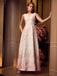 MOTF Soiréza WOMEN'S SLEEVELESS PLUNGING V-NECK FLOOR-LENGTH PARTY GOWN WITH BACK BOWKNOT – VIBRANT GRADIENT FLORAL WOVEN JACQUARD, FORM-FITTING SILHOUETTE FOR FORMAL PARTIES & WEDDINGS